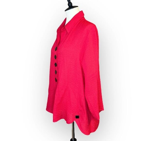 YUSHI Button Front Lagenlook Art to Wear Artsy Top Crinkle Metallic Shimmer Sz M - Picture 2 of 8